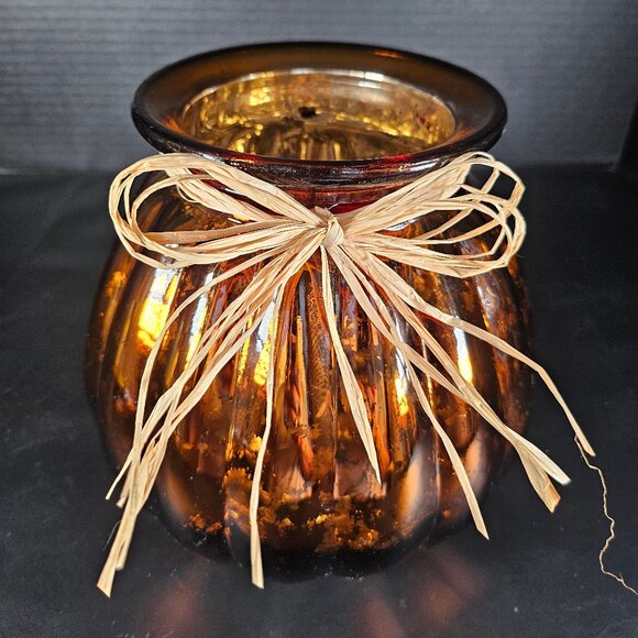 Orange Mercury Glass Pumpkin Shaped Votive Or Candle Holder With Raffia - Picture 1 of 10